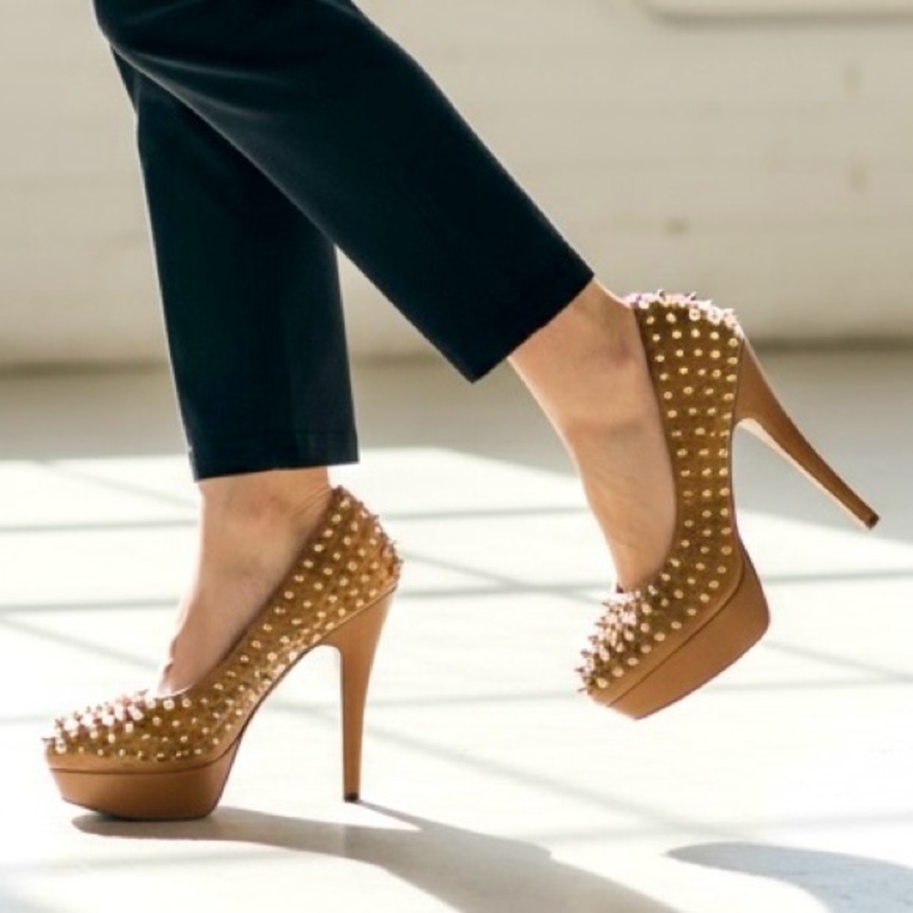 Vince Camuto Tan Spiked High Heel Platform Pumps from Neiman Marcus